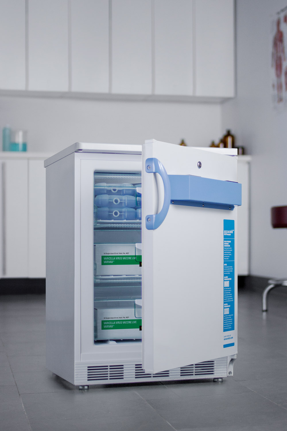 Built-in undercounter medical/scientific -25 C capable all-freezer with front control panel equipped with a digital thermostat and NIST calibrated thermometer/alarm